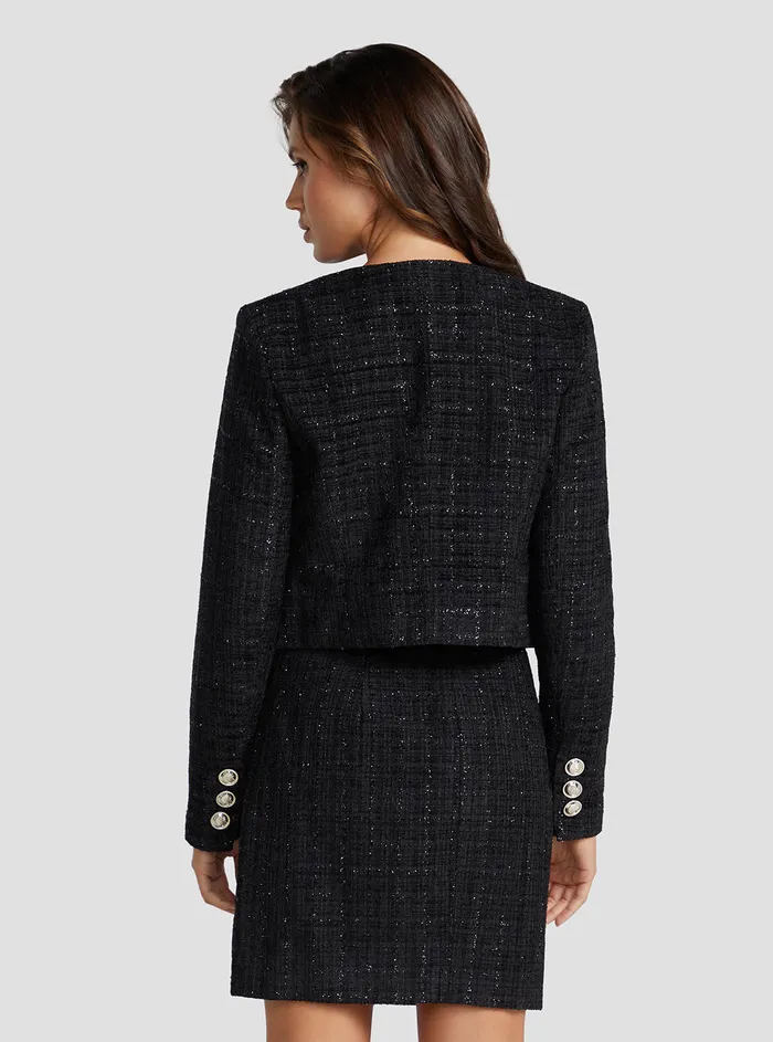 Women Jackets and Coats GUESS Black Alara Shimmer Tweed Jacket Women Jackets and Coats GUESS Black Alara Shimmer Tweed Jacket