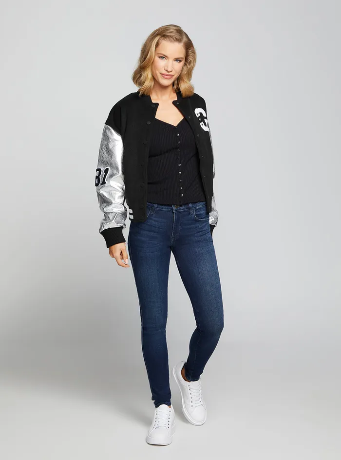 Women Jackets and Coats GUESS Black Metallic Lorelie Bomber Jacket Women Jackets and Coats GUESS Black Metallic Lorelie Bomber Jacket