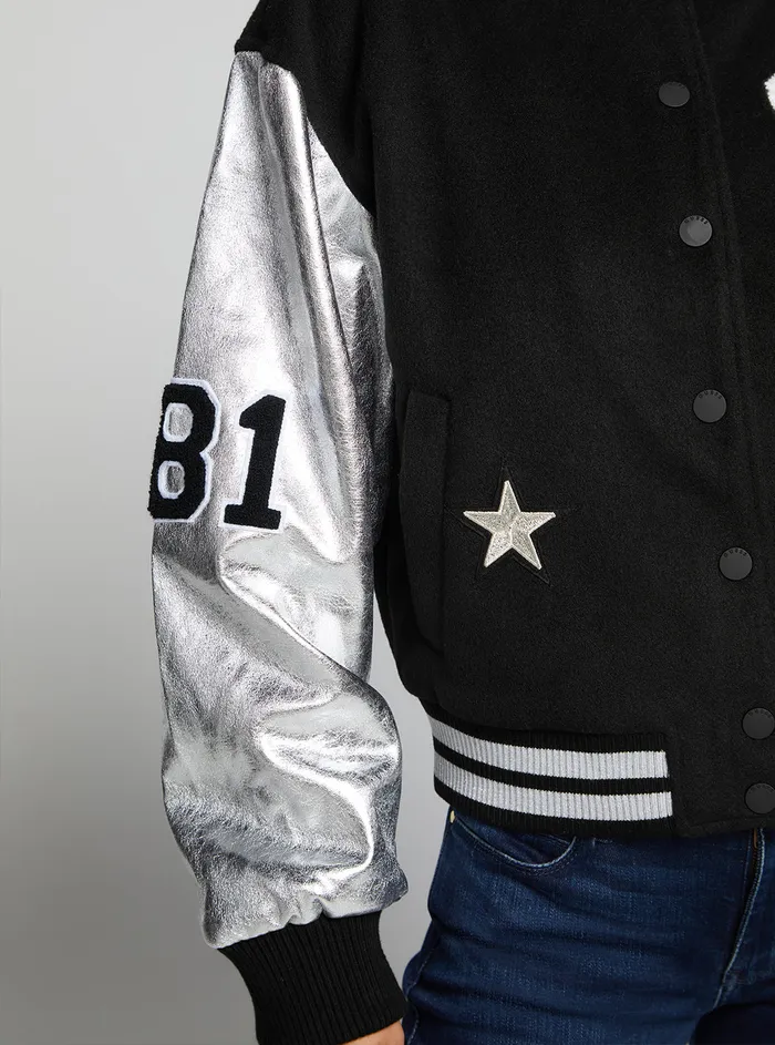 Women Jackets and Coats GUESS Black Metallic Lorelie Bomber Jacket Women Jackets and Coats GUESS Black Metallic Lorelie Bomber Jacket