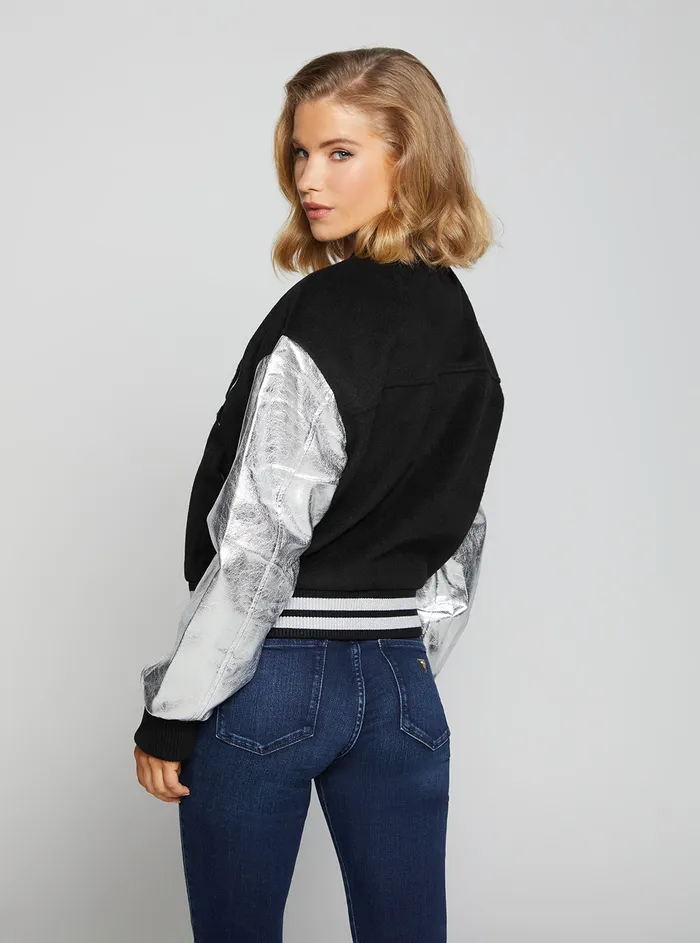 Women Jackets and Coats GUESS Black Metallic Lorelie Bomber Jacket Women Jackets and Coats GUESS Black Metallic Lorelie Bomber Jacket
