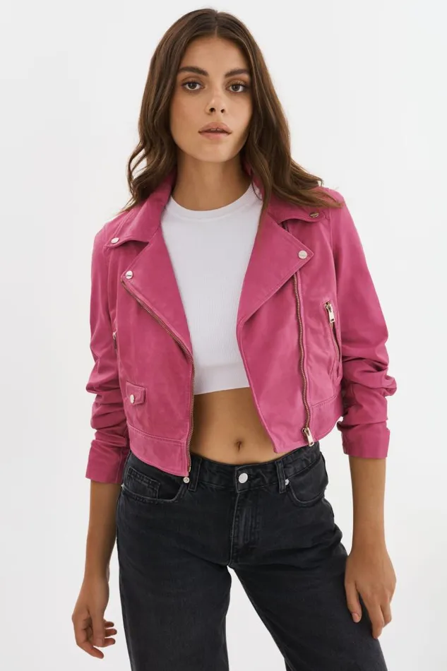 Women JANIKA Cropped Leather Biker Jacket Super Pink LAMARQUE Leather Jackets