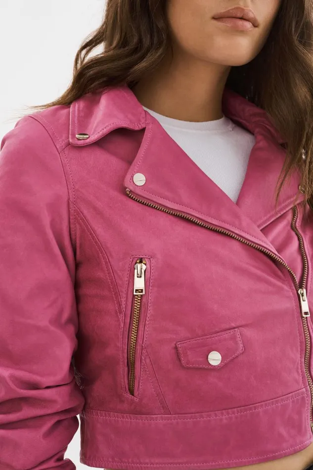 Women JANIKA Cropped Leather Biker Jacket Super Pink LAMARQUE Leather Jackets