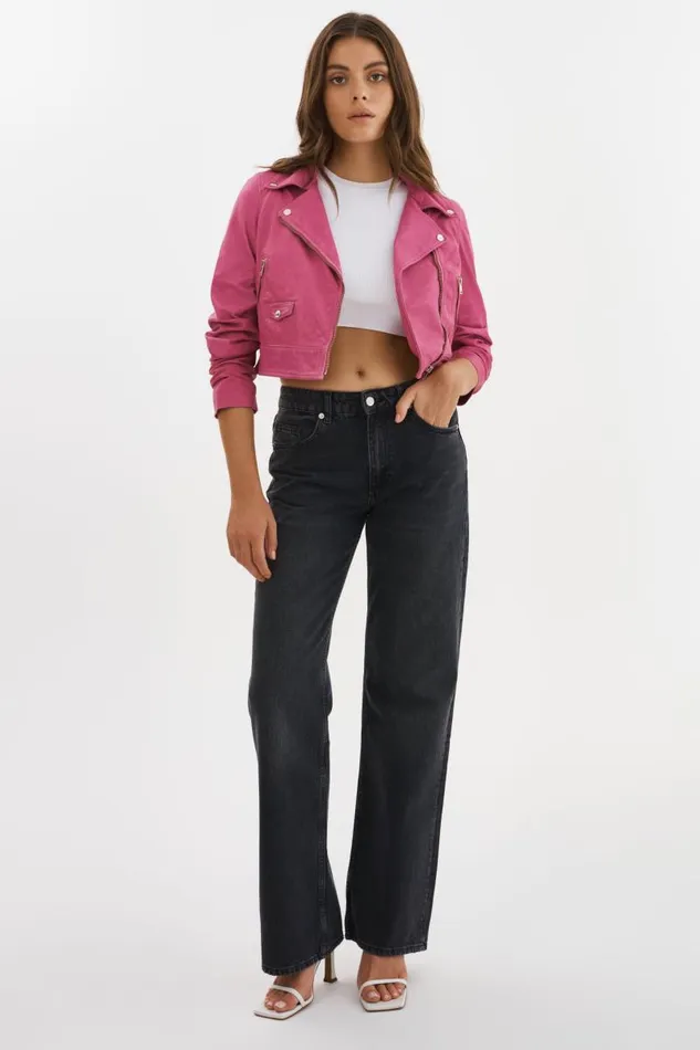 Women JANIKA Cropped Leather Biker Jacket Super Pink LAMARQUE Leather Jackets