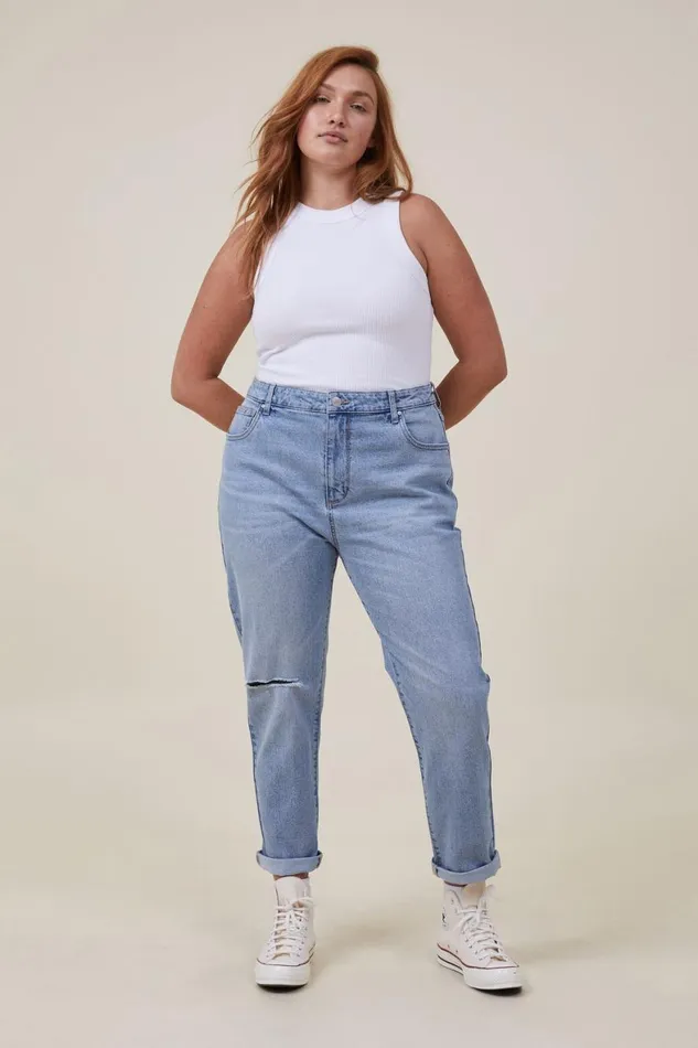 Women Jeans Cotton On Stretch Mom Jean Bells Blue Rip