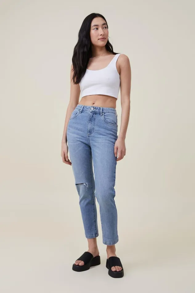 Women Jeans Cotton On Stretch Mom Jean Bells Blue Rip