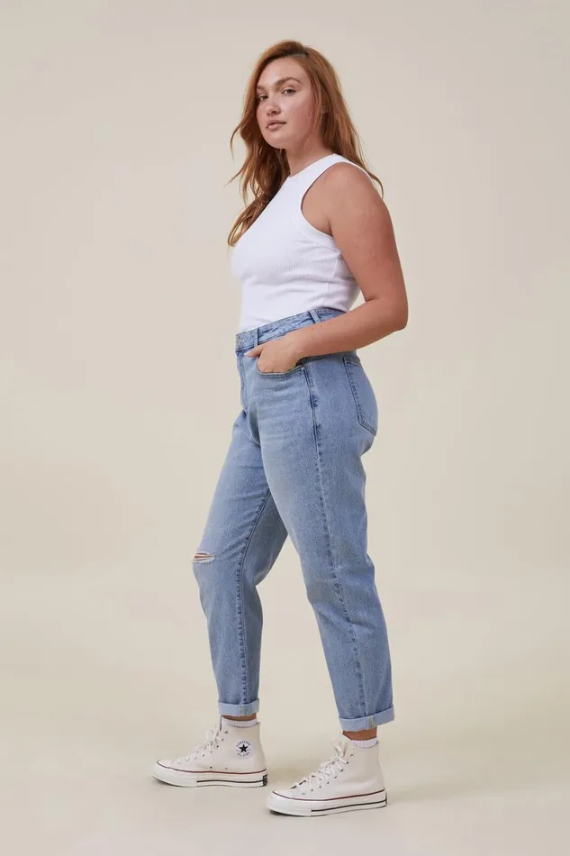Women Jeans Cotton On Stretch Mom Jean Bells Blue Rip