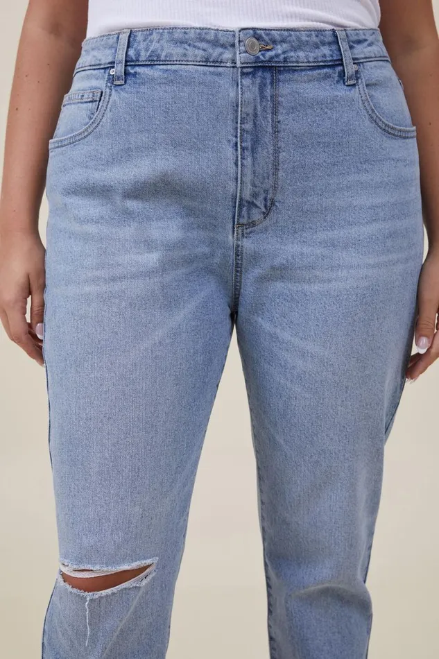 Women Jeans Cotton On Stretch Mom Jean Bells Blue Rip