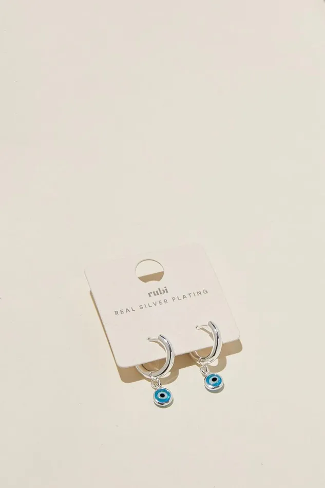 Women Jewelry Cotton On Huggie Hoop Earring Silver Plated Evil Eye
