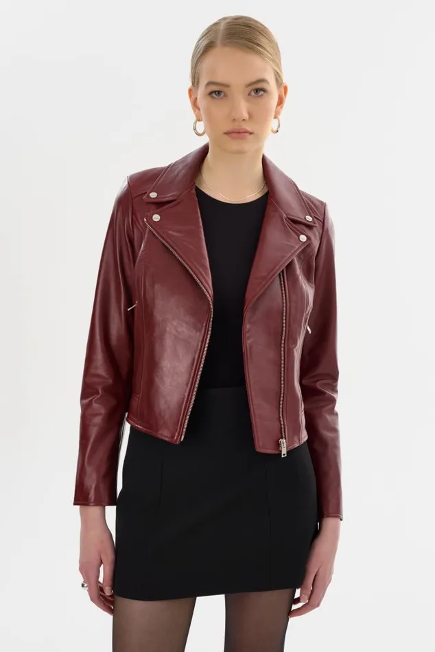 Women KELSEY Leather Biker Jacket Burgundy LAMARQUE Leather Jackets