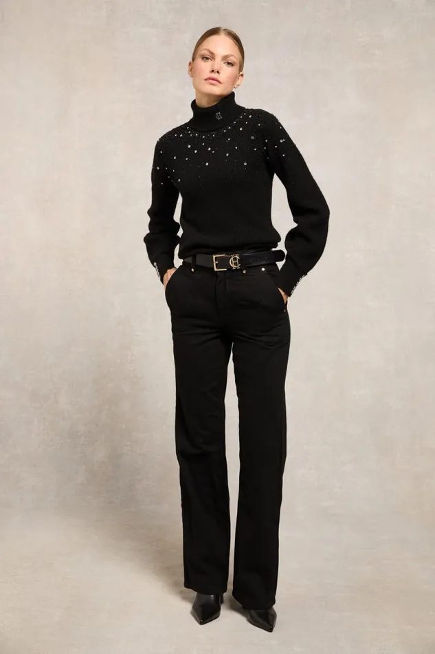 Women Kelsie Rib Embellished Roll Neck Black Holland Cooper Knitwear