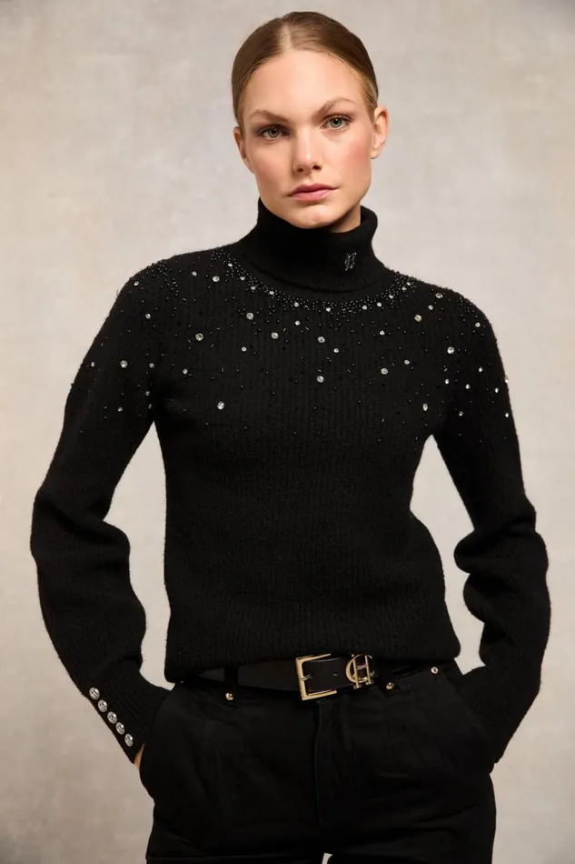 Women Kelsie Rib Embellished Roll Neck Black Holland Cooper Knitwear