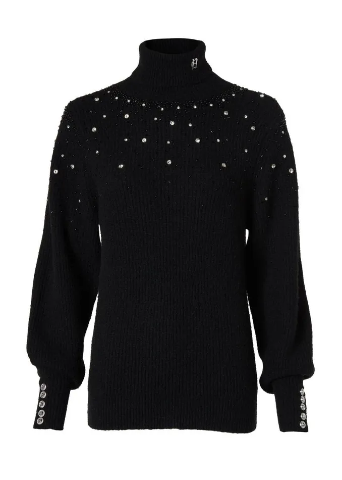 Women Kelsie Rib Embellished Roll Neck Black Holland Cooper Knitwear