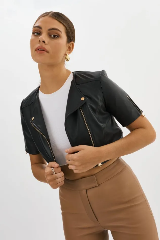 Women KIRSI GOLD Cropped Biker Jacket Black LAMARQUE Short Sleeve Jackets