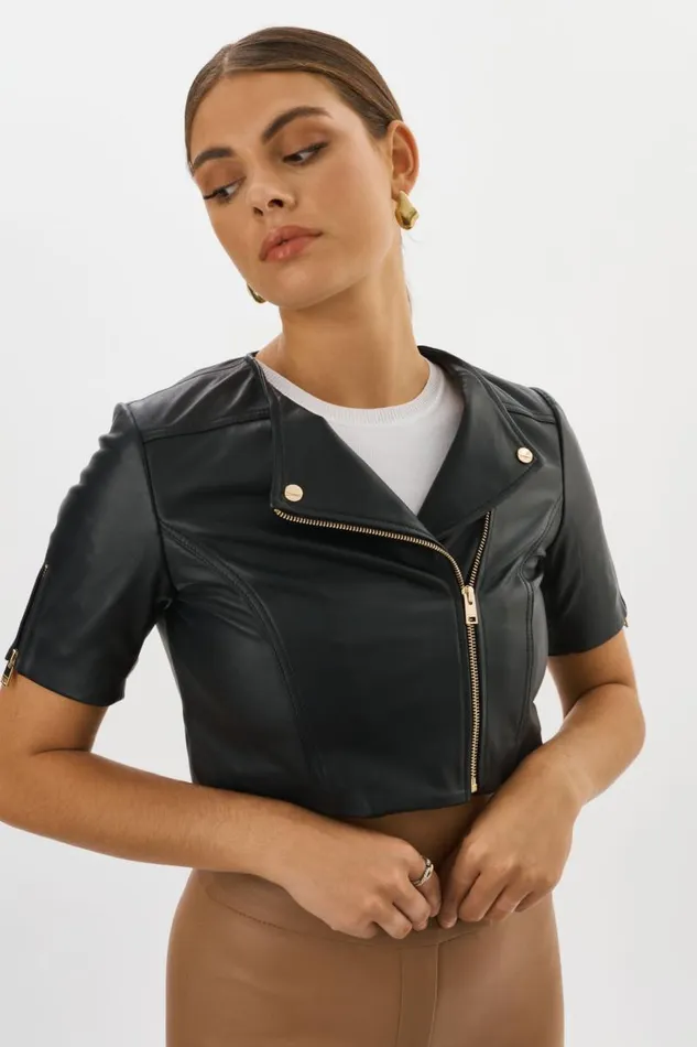 Women KIRSI GOLD Cropped Biker Jacket Black LAMARQUE Short Sleeve Jackets