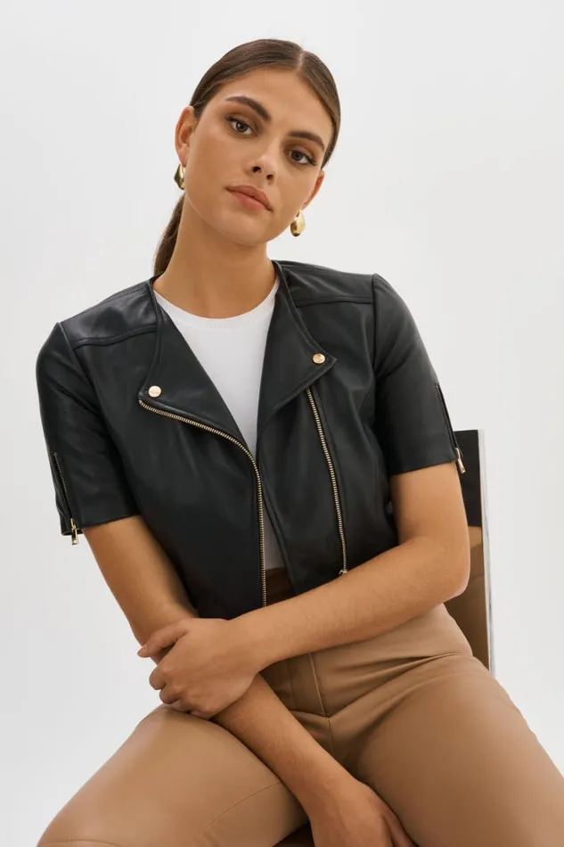 Women KIRSI GOLD Cropped Biker Jacket Black LAMARQUE Short Sleeve Jackets
