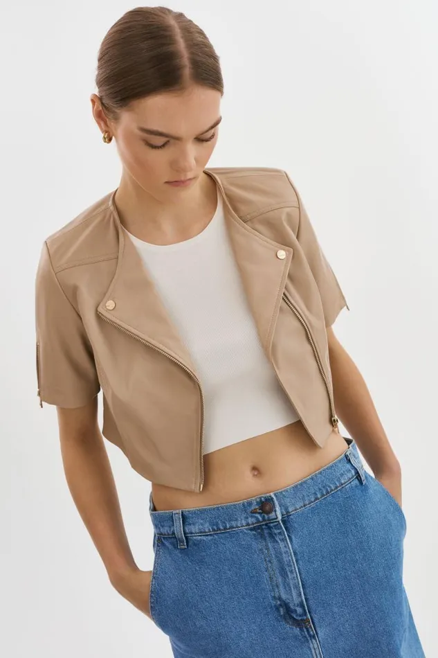 Women KIRSI GOLD Cropped Biker Jacket Wheat LAMARQUE Short Sleeve Jackets