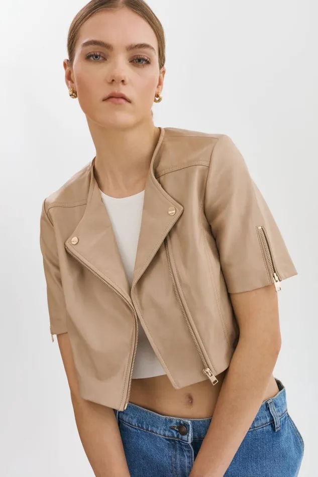 Women KIRSI GOLD Cropped Biker Jacket Wheat LAMARQUE Short Sleeve Jackets