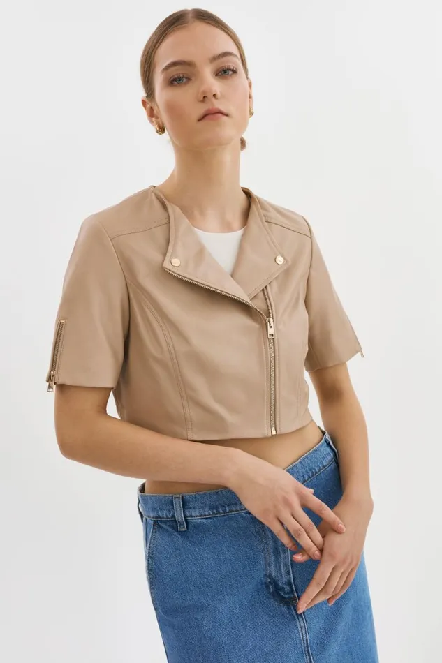 Women KIRSI GOLD Cropped Biker Jacket Wheat LAMARQUE Short Sleeve Jackets