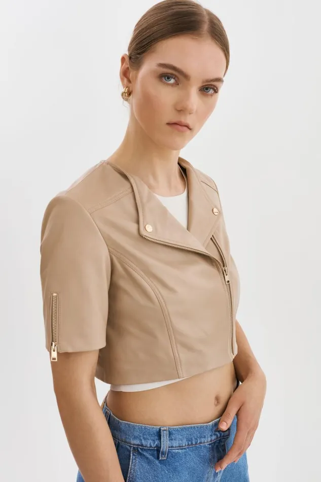 Women KIRSI GOLD Cropped Biker Jacket Wheat LAMARQUE Short Sleeve Jackets