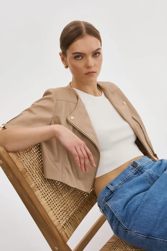 Women KIRSI GOLD Cropped Biker Jacket Wheat LAMARQUE Short Sleeve Jackets
