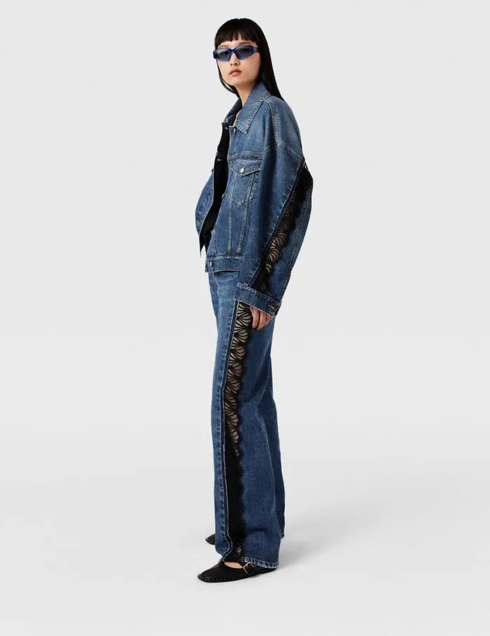Women Lace HighRise Straight Leg Jeans Vintage Wash Blue Denim Stella McCartney Denim Women Lace HighRise Straight Leg Jeans Vintage Wash Blue Denim Stella McCartney Denim