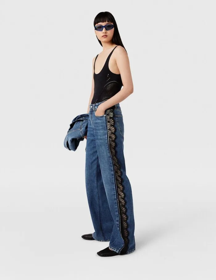 Women Lace HighRise Straight Leg Jeans Vintage Wash Blue Denim Stella McCartney Denim Women Lace HighRise Straight Leg Jeans Vintage Wash Blue Denim Stella McCartney Denim