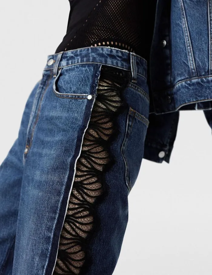 Women Lace HighRise Straight Leg Jeans Vintage Wash Blue Denim Stella McCartney Denim Women Lace HighRise Straight Leg Jeans Vintage Wash Blue Denim Stella McCartney Denim