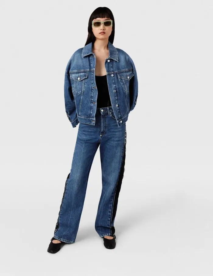 Women Lace HighRise Straight Leg Jeans Vintage Wash Blue Denim Stella McCartney Denim Women Lace HighRise Straight Leg Jeans Vintage Wash Blue Denim Stella McCartney Denim