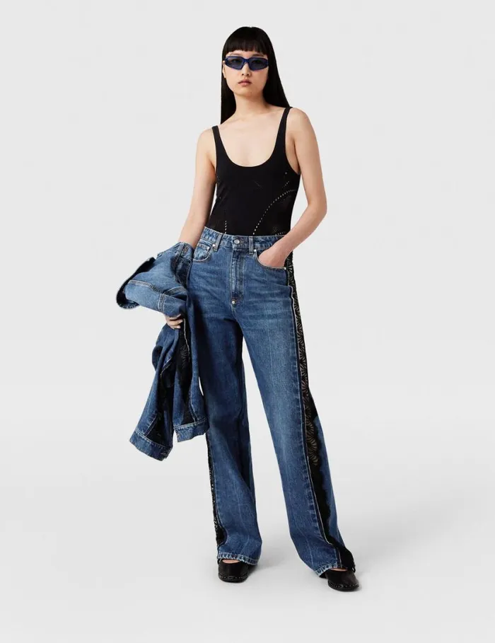 Women Lace HighRise Straight Leg Jeans Vintage Wash Blue Denim Stella McCartney Denim Women Lace HighRise Straight Leg Jeans Vintage Wash Blue Denim Stella McCartney Denim
