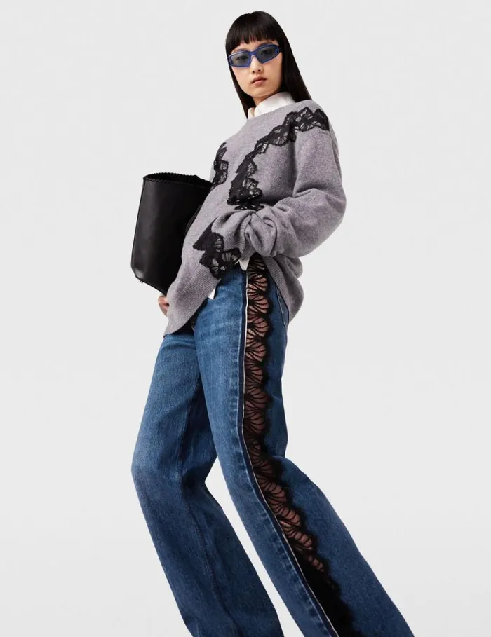 Women Lace HighRise Straight Leg Jeans Vintage Wash Blue Denim Stella McCartney Denim Women Lace HighRise Straight Leg Jeans Vintage Wash Blue Denim Stella McCartney Denim