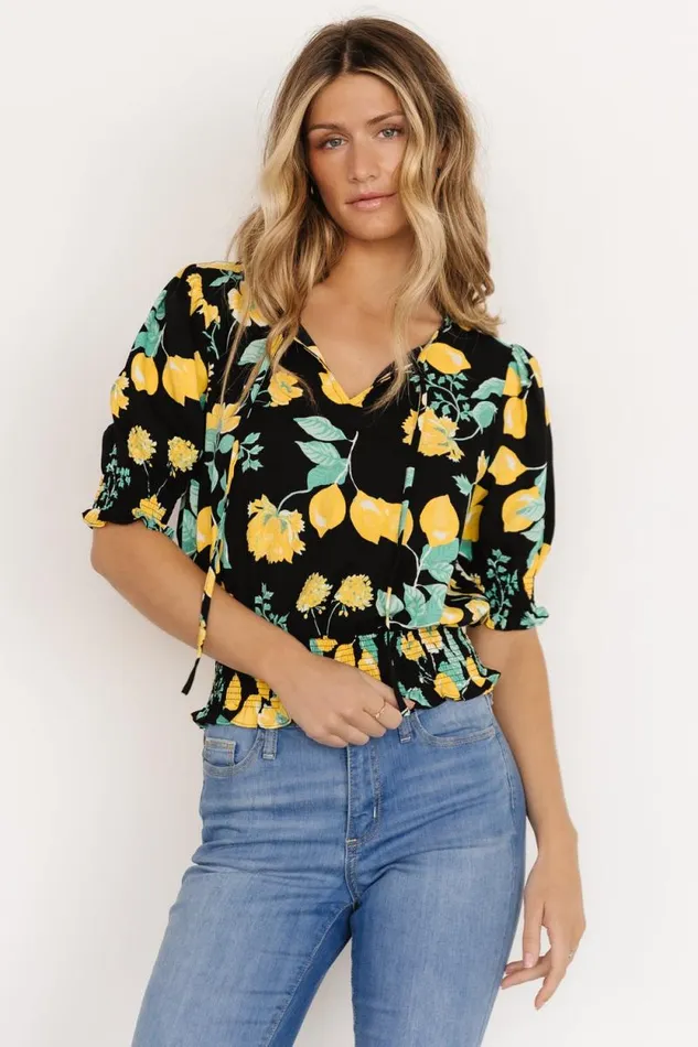 Women Limon Smocked Waist Top Black Multi Baltic Born Blouses and Shirts