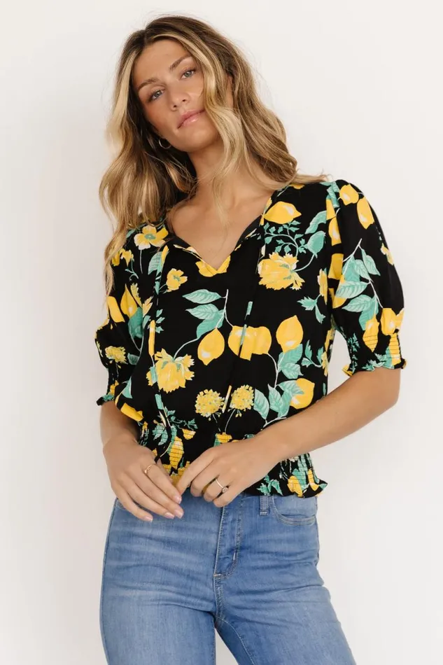 Women Limon Smocked Waist Top Black Multi Baltic Born Blouses and Shirts Women Limon Smocked Waist Top Black Multi Baltic Born Blouses and Shirts
