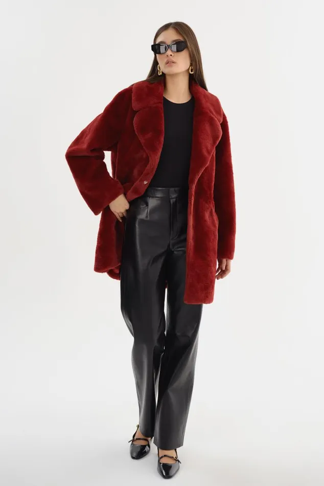 Women LINNEA Faux Fur Coat Maroon LAMARQUE Faux Fur