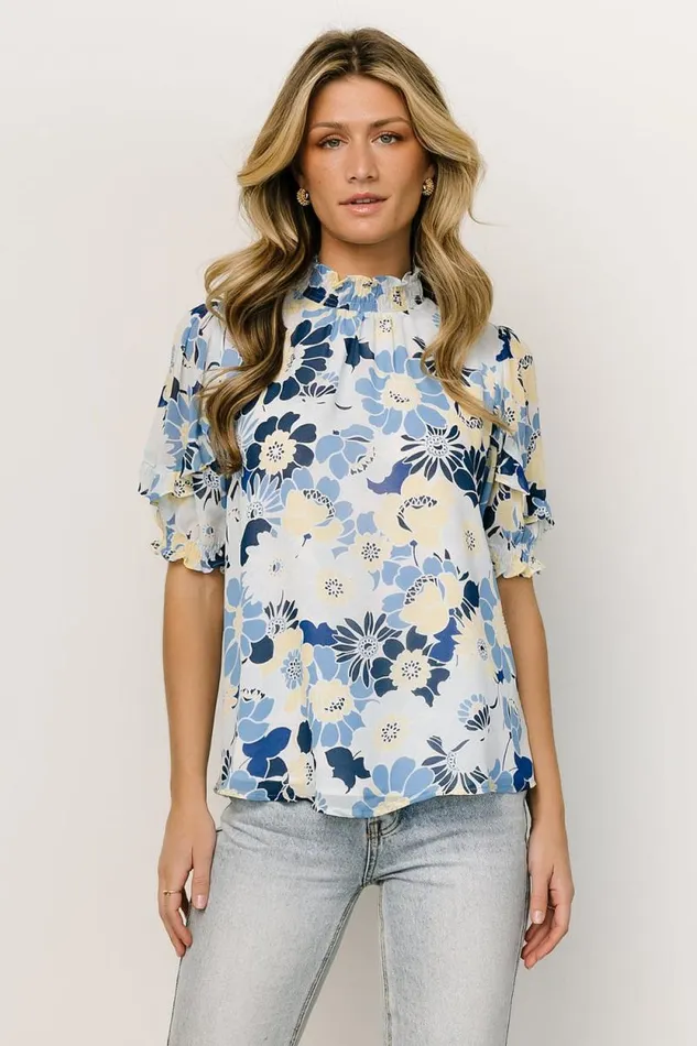 Women Lisa Ruffle Sleeve Top Blue Floral Baltic Born Blouses and Shirts