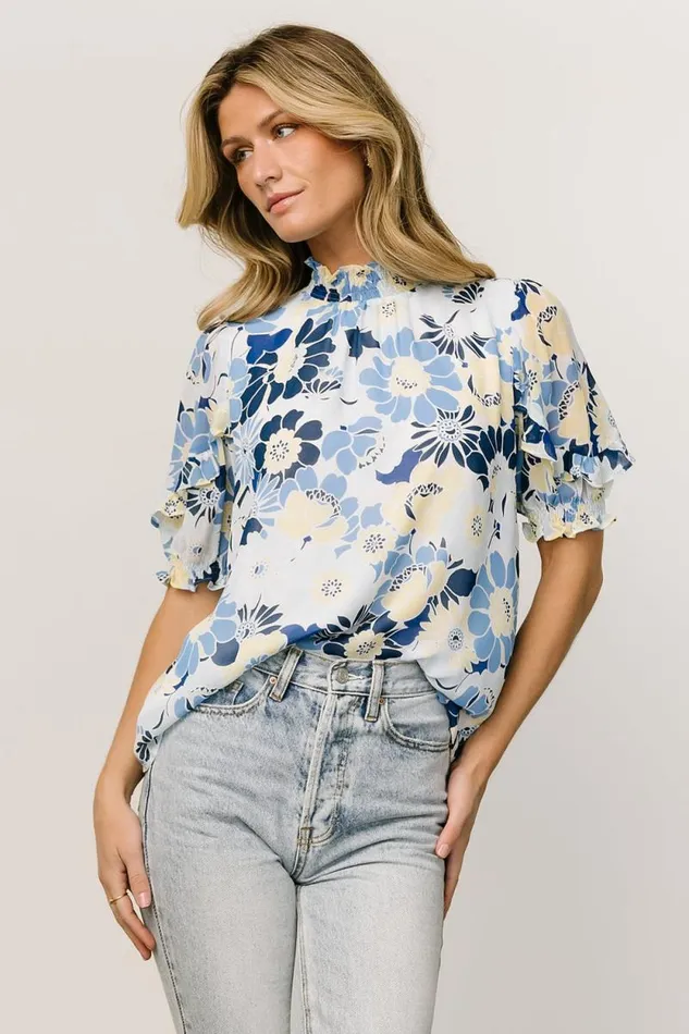 Women Lisa Ruffle Sleeve Top Blue Floral Baltic Born Blouses and Shirts Women Lisa Ruffle Sleeve Top Blue Floral Baltic Born Blouses and Shirts