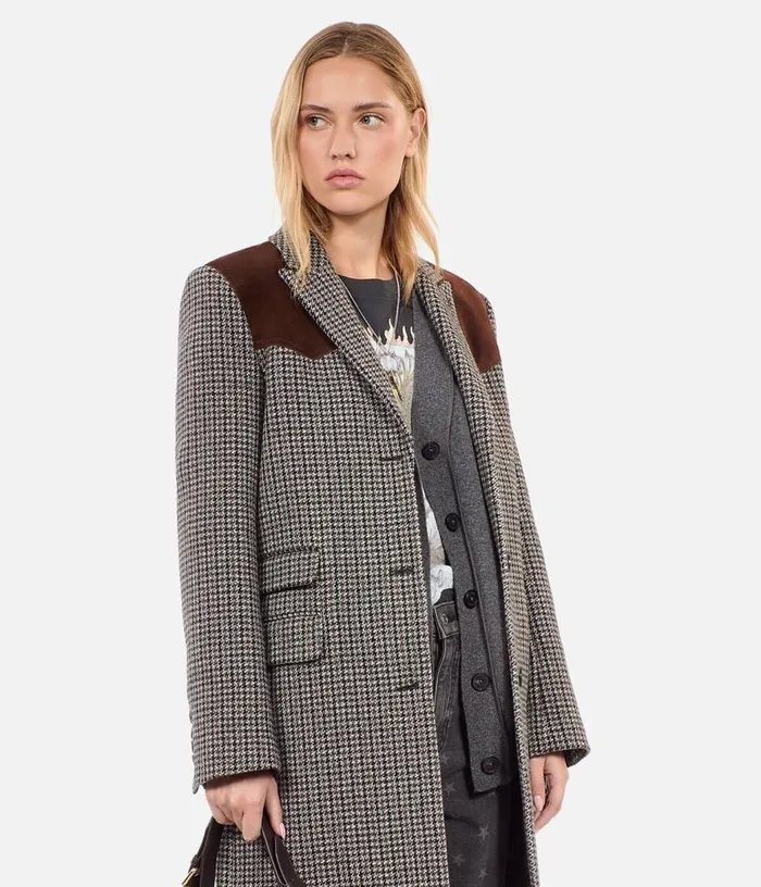 Women Long Black And White Houndstooth Coat THE KOOPLES Coats and Jackets