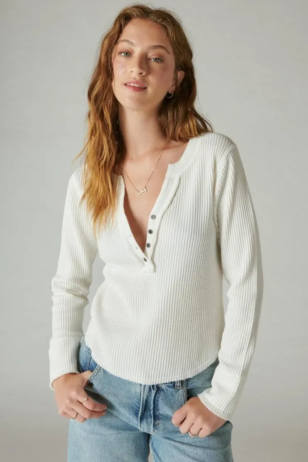 Women Lucky Brand All Tops Chunky Cropped Raw Edge Henley Whisper White