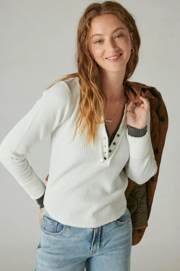 Women Lucky Brand All Tops Chunky Cropped Raw Edge Henley Whisper White