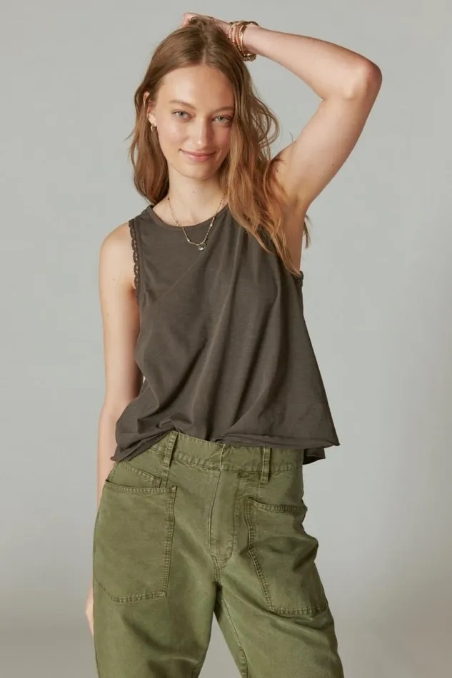 Women Lucky Brand All Tops Lace Trim Swing Tank Raven