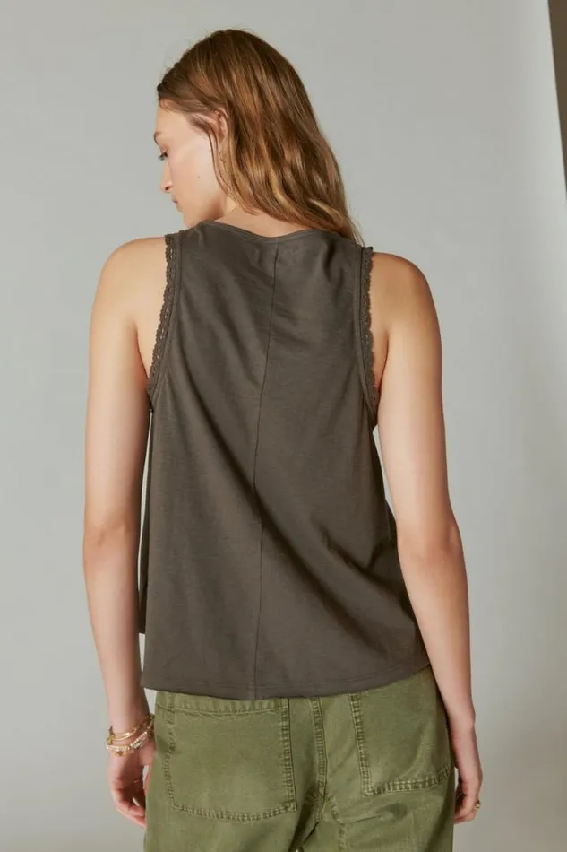 Women Lucky Brand All Tops Lace Trim Swing Tank Raven