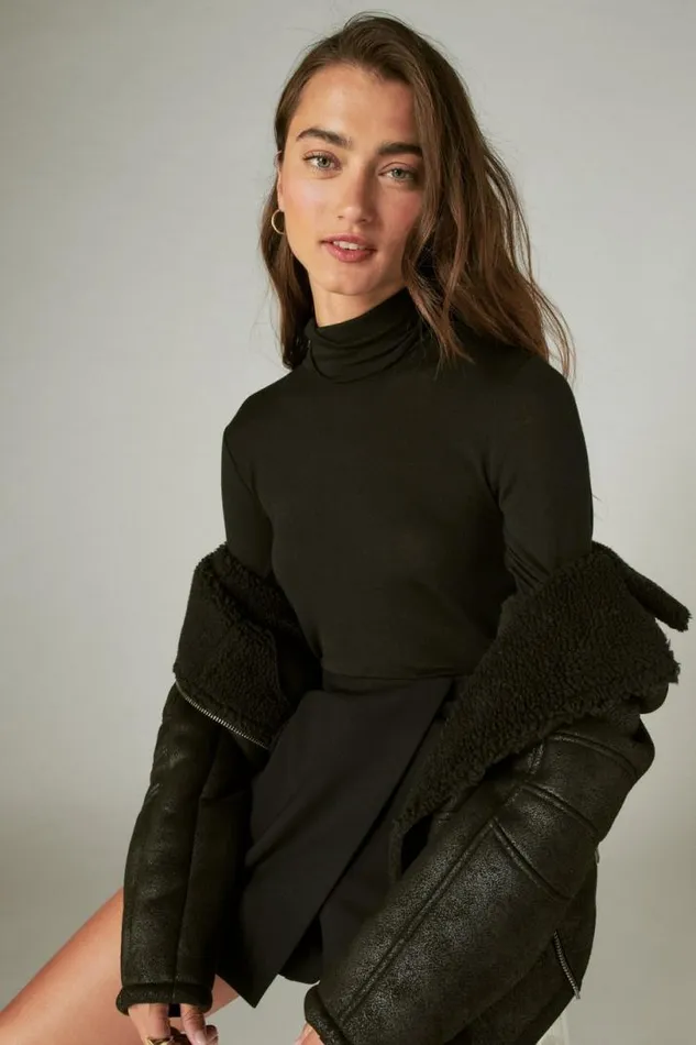 Women Lucky Brand All Tops Mock Neck Layering Top Jet Black