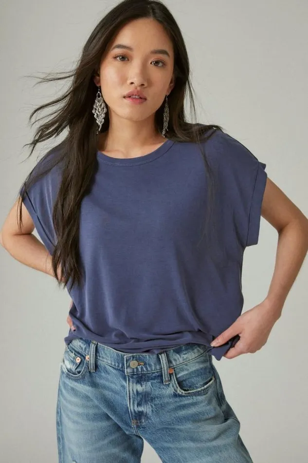 Women Lucky Brand All Tops Short Sleeve Sandwash Dolman Tee Navy