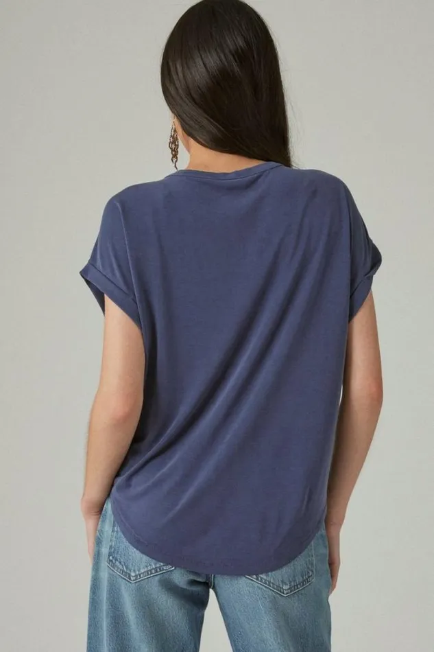 Women Lucky Brand All Tops Short Sleeve Sandwash Dolman Tee Navy
