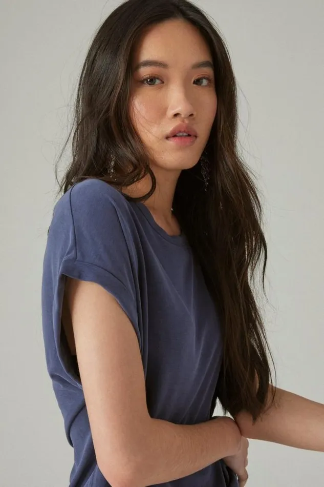 Women Lucky Brand All Tops Short Sleeve Sandwash Dolman Tee Navy