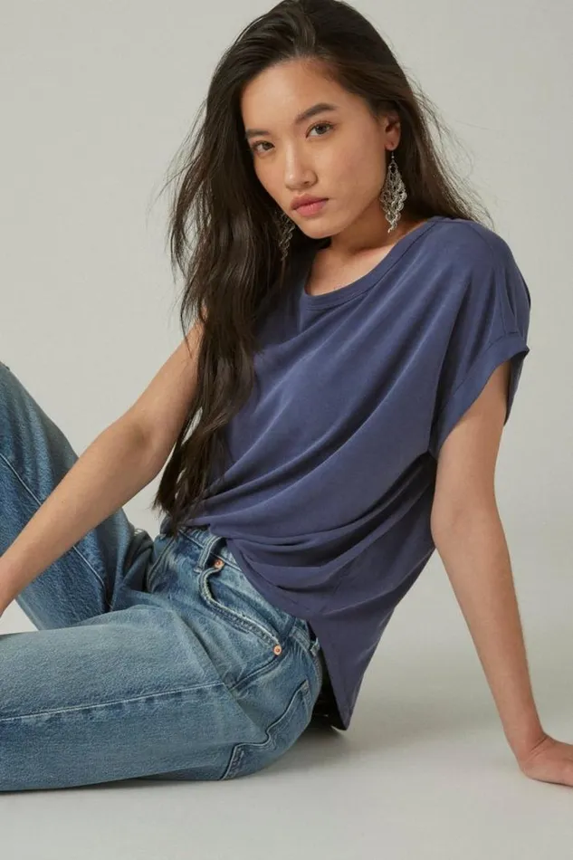 Women Lucky Brand All Tops Short Sleeve Sandwash Dolman Tee Navy