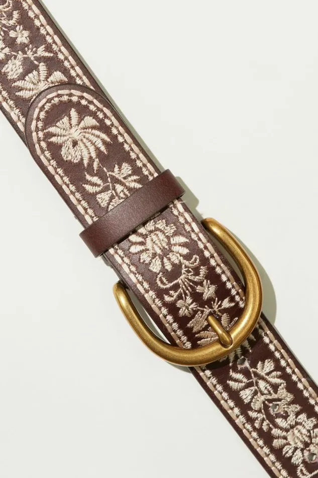 Women Lucky Brand Belts Natural Floral All Over Emb Belt Medium Brown