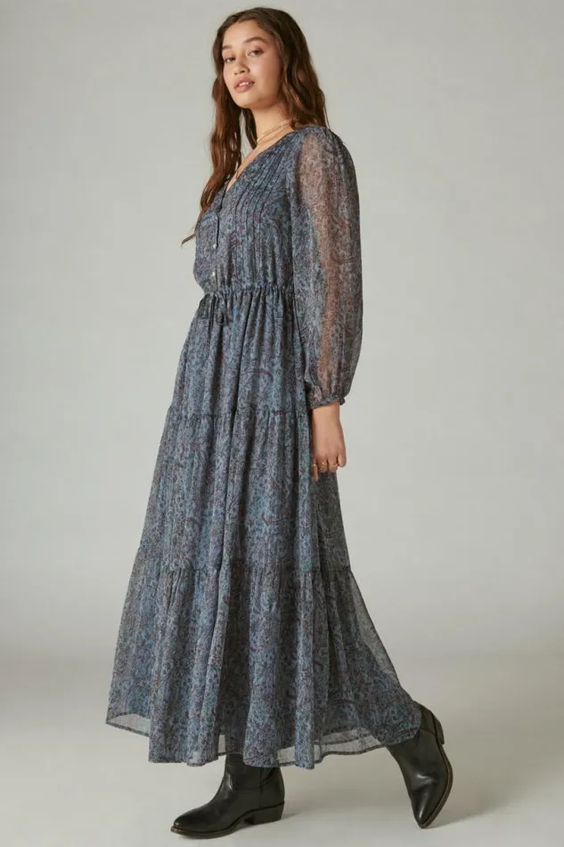 Women Lucky Brand Dresses Printed Shine Chiffon Maxi Dress Flint Stone Multi
