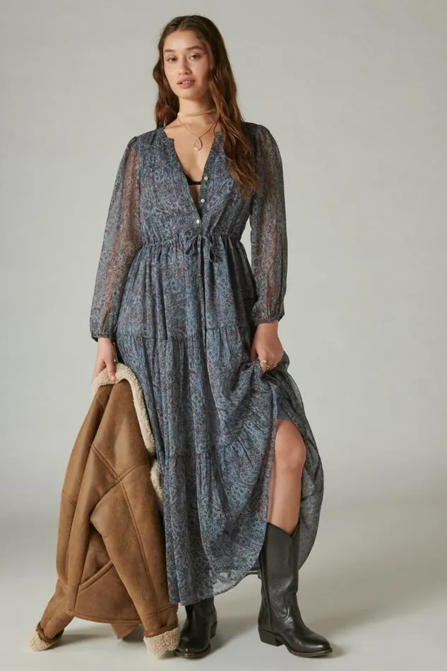 Women Lucky Brand Dresses Printed Shine Chiffon Maxi Dress Flint Stone Multi