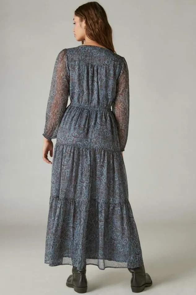Women Lucky Brand Dresses Printed Shine Chiffon Maxi Dress Flint Stone Multi