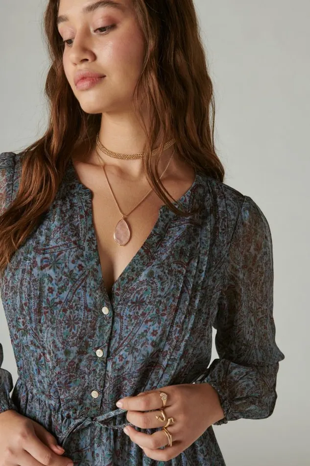 Women Lucky Brand Dresses Printed Shine Chiffon Maxi Dress Flint Stone Multi